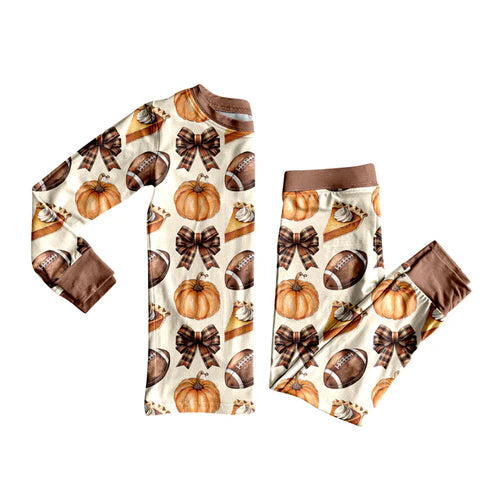 8.5 GLP2688 Baby Girls Footballs Bows Pie Top Pants Fall Pajamas Set Preorder