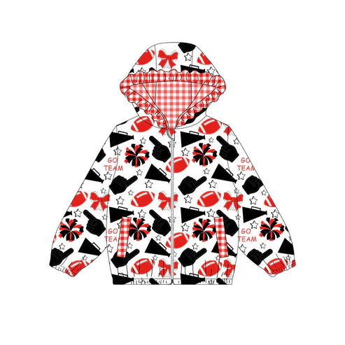 10.15Custom Moq 8 Baby Girls Red Black Football Team Zipper Bows Hoodies Tops