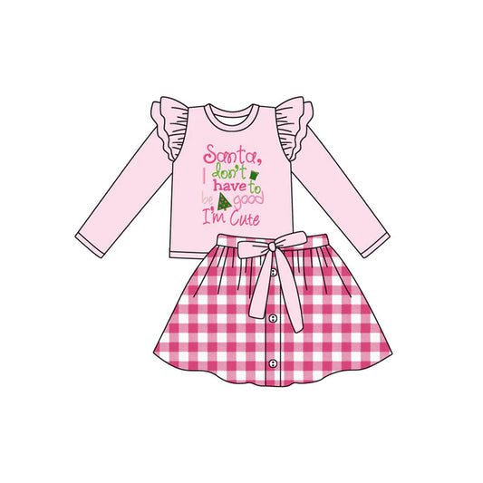 6.14 GLD1068 Baby Girls Pink Long Sleeves Santa,I'm Cute Top Button Plaid Short Skirts Set Preorder