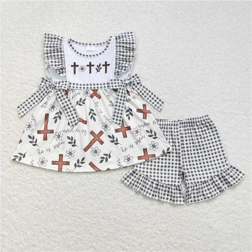 6.17 GSSO0492 Embroidered cross floral plaid bow beige short-sleeved shorts suit