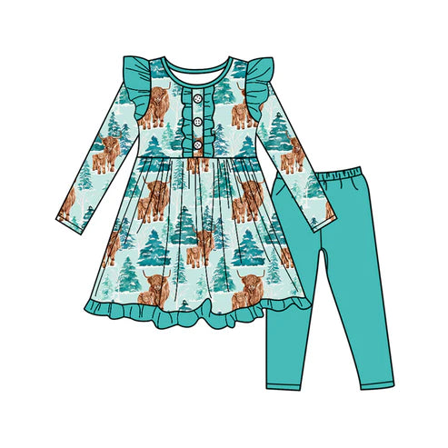6.27 GLP2537 Baby Girls Long Sleeves Highland Cows Trees Button Tunic Legging Pant Set Preorder