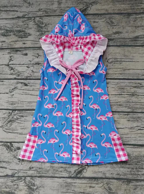 5.2 Custom Baby Girls Sleeveless Flamingo Zipper Pockets Hoodies Knee Length Dress(MOQ 3)