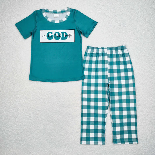 L-3.1 BSPO0462 Boys Green short-sleeved plaid pantsuit