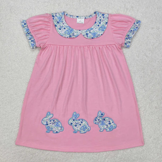L-3.2GSD1615 Baby Girls Pink Rabbits Easter Knee Length Dress