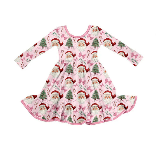8.27 GLD1279 Baby Girls Pink Santa Candy Cane Plaid Christmas Knee Length Dresses Preorder