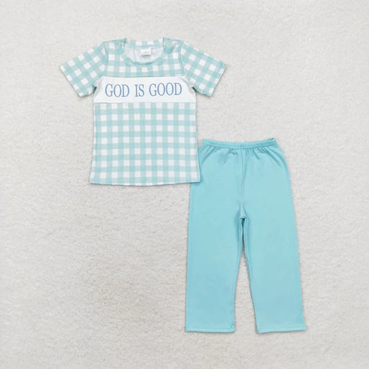 L-3.1 BSPO0463 Boys' alpha-plaid short-sleeved teal pantsuit