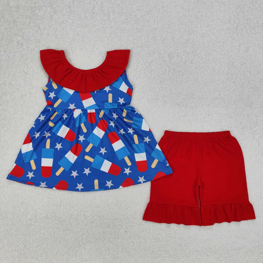 3.17 GSSO1765 Baby Girls 4th Of July Popsicle Stars Tunic Ruffle Shorts Clothes Set