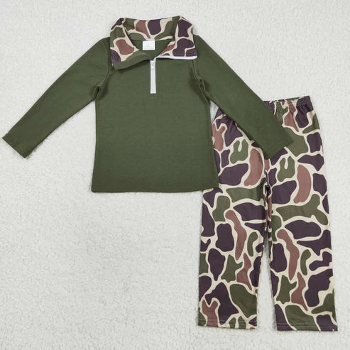 8.12 BLP1138 Baby Boys Dark Green Long Sleeves Zipper Top Camo Pant Western Set