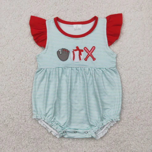 4.9 SR2892 Embroidery Baby Infant Girls Baseball Flutter Sleeve Romper