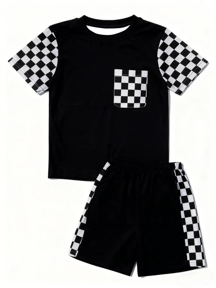 12.4 MOQ：5pcs BSSO1739 pre-order baby boy clothes black gingham toddler boy summer outfit