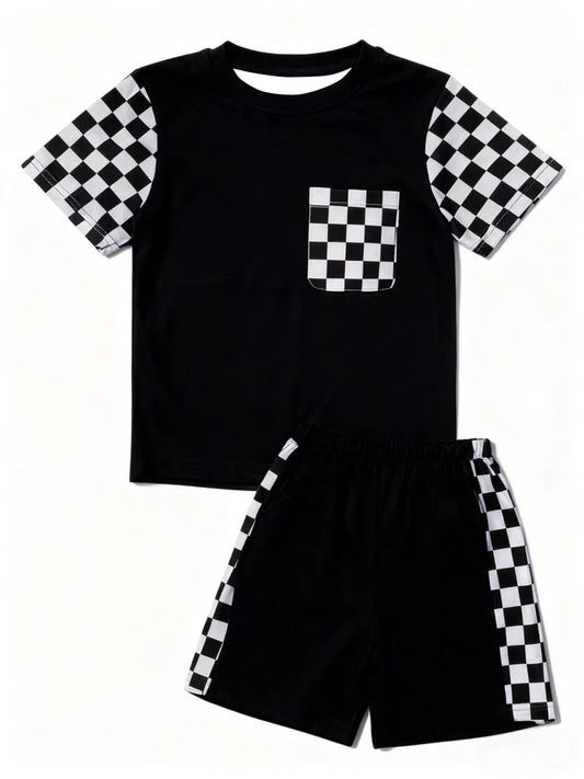 12.4 MOQ:5pcs BSSO1739 pre-order baby boy clothes black gingham toddler boy summer outfit