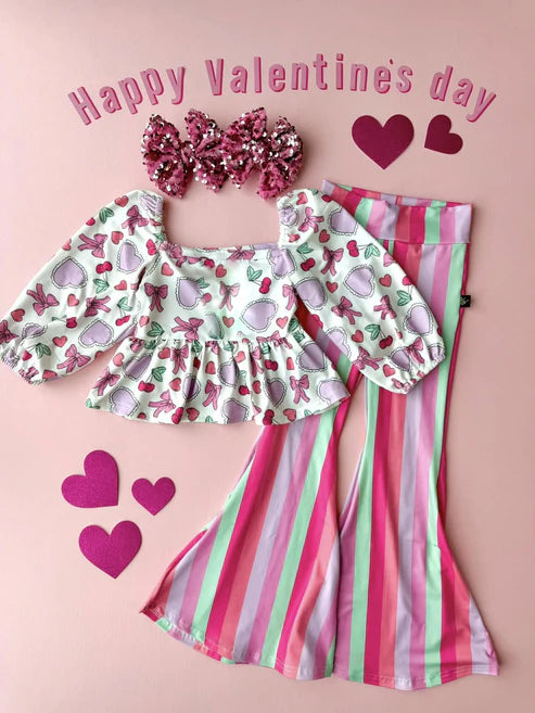 11.5 GLP3119 Baby Girls Colorful Hearts Ruffle Top Stripe Bell Bottom Pant Valentine Clothes Sets Preorder
