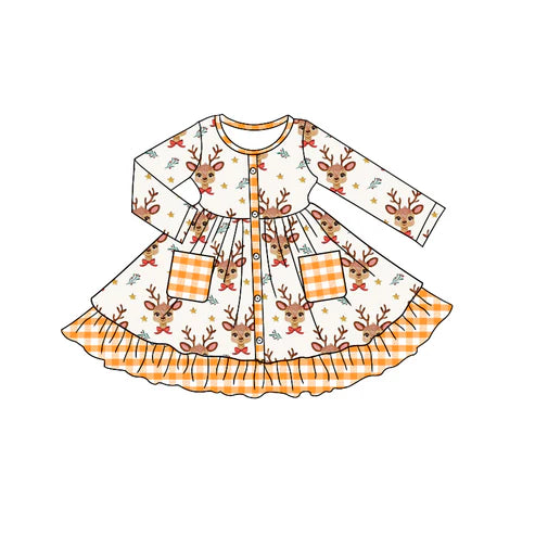 7.29GLD1215 Baby Girls Long Sleeves Deer Holly Button Pockets Ruffle Knee Length Dresses Preorder