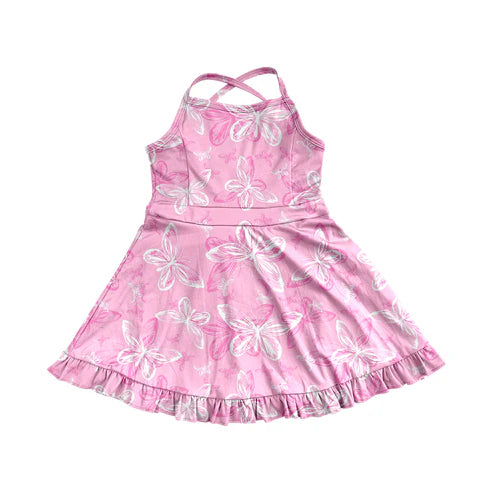 3.31 GSD2292 Baby Girls Pink Strap Butterfly Yoga Ruffle Knee Length Dresses Preorder