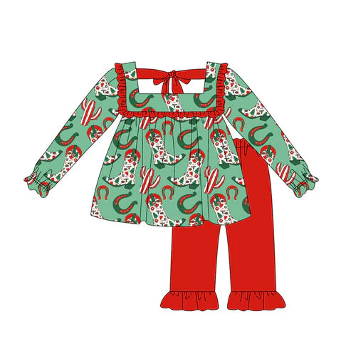 5.19  GLP2355 Baby Girls Long Sleeves Green Boots Cactus Tunic Ruffle Pant Set Preorder