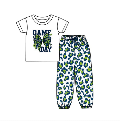 10.8 Custom Moq 5 Baby Kids Game Day Team Top Navy Green Leopard Pants Clothes Sets