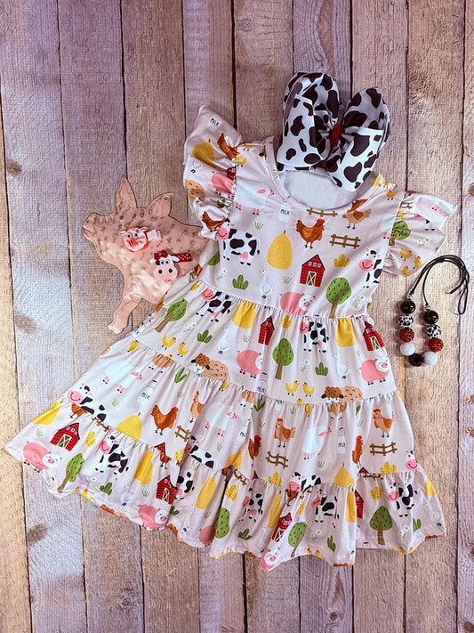 6.13 GSD2595 Baby Girls Flutter Sleeves Cows Chicks Farm Knee Length Dresses Preorder