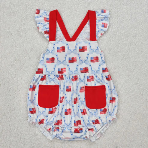 SR2331 Baby Infant Girls 4th Of July Flag Straps Romper