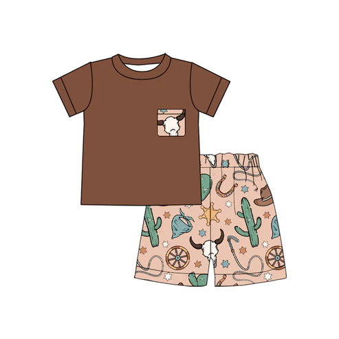 4.18 BSSO1487 Baby Boys Brown Short Sleeves Pocket Top Bull Skull Cactus Short Set Preorder
