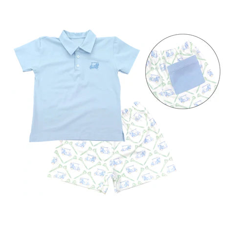 4.21  BSSO1494 Baby Boys Blue Short Sleeves Button Golf Top Pocket Short Set Preorder