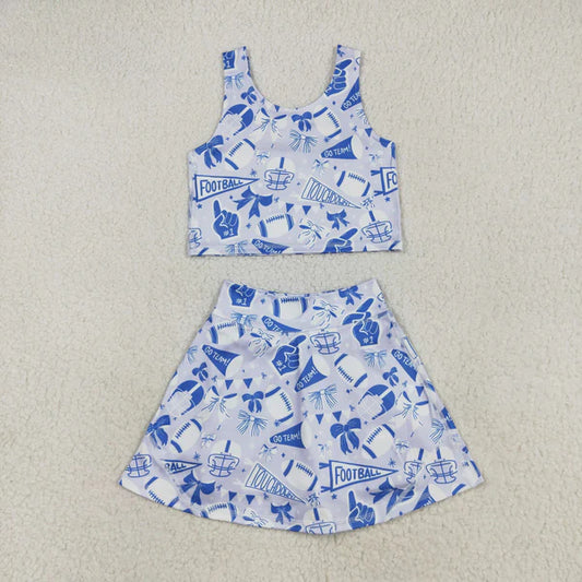 8.2 GSD2688 Baby Girls Team Blue Football Bows Vest Top Short Skirts Yoga Set