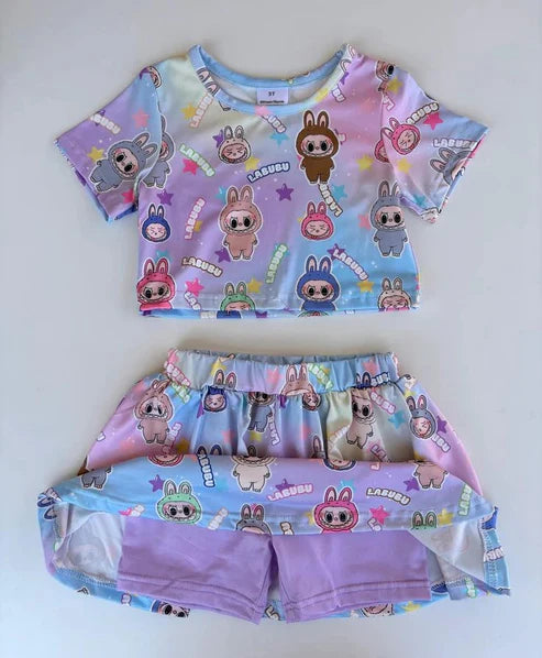 6.20 Custom Moq 3 Baby Girls Colorful Rabbits Cartoon Top Skort Skirts Clothes Sets