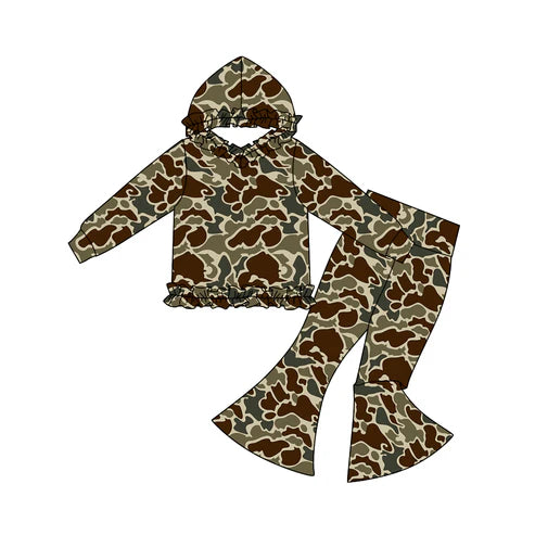 11.3 GLP3081 Baby Girls Dark Khaki Camo Ruffle Hoodies Bell Bottom Pants Southern Clothes Sets Preorder