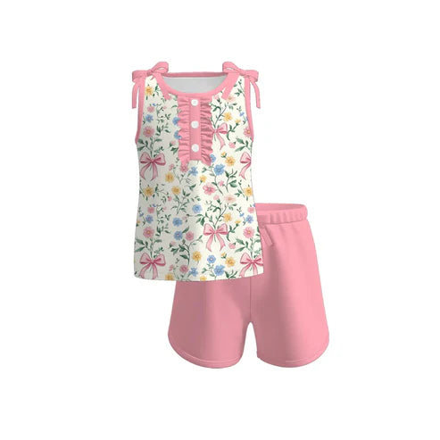 6.19  GSSO2600 Baby Girls Sleeveless Bows Floral Button Top Pink Short Set Preorder