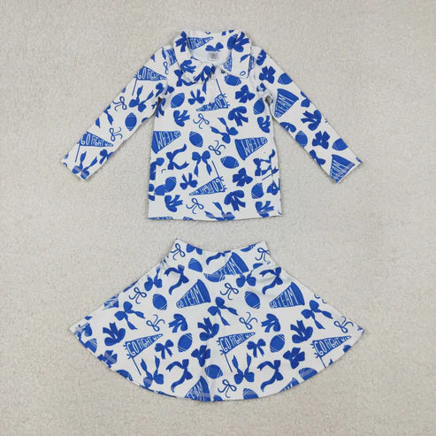 10.25 GLD1283 Baby Girls Hot Blue Bows Go Team Yoga Zipper Pullovers Skorts Clothes Set