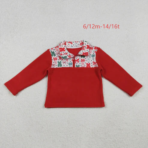 10.16 GT1150 Baby Girls Red Green Bows Christmas Half Zipper Pullover Top