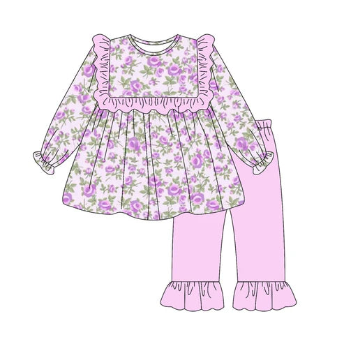 9.4  GLP2795 Baby Girls Hot Pink Flowers Tunic Ruffle Pant Clothes Sets Preorder