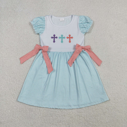 11.5 GSD2807 Embroidery Baby Girls Cross Bows Short Ruffle Sleeve Easter Knee Length Dress