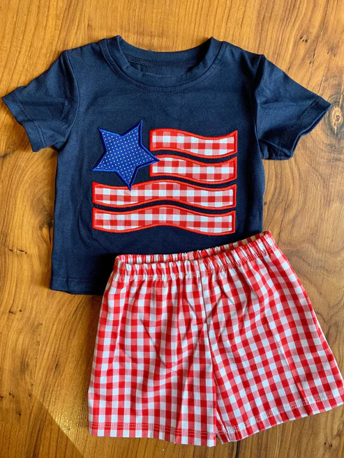 3.22 BSSO1419 Baby Boys Navy Short Sleeves Stars Top Red Plaid Short 4th Of July Clothes Set Preorder