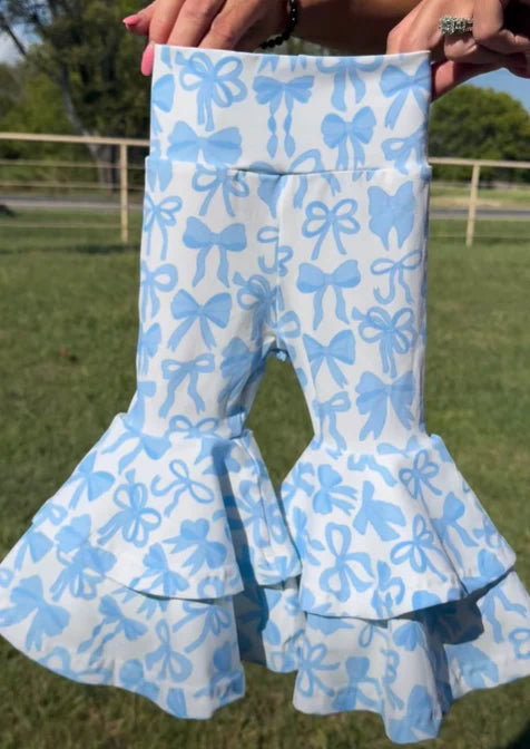 10.2  P0886 Baby Girls Blue Bows Plaid Yoga Bell Bottom Pants Preorder
