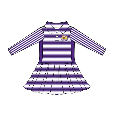 8.1 Custom Moq 5 Baby Girls Long Sleeve Stripe Button LSU Tiger Team Knee Length Dresses