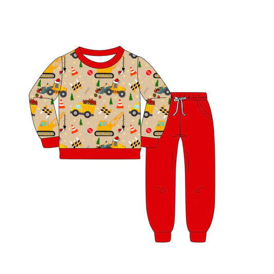 6.16 BLP1073 Baby Boys Red Long Sleeves Excavators Hats Top Pockets Legging Pant Set Preorder