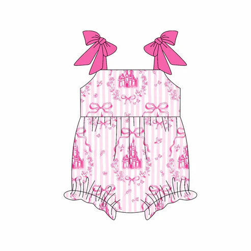 4.24 SR3077 Baby Boys Girls Pink Strap Castles Bows Ruffle Rompers Preorder