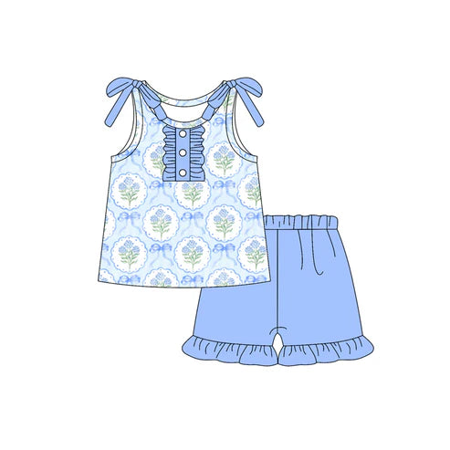 6.14 GSSO2638 Baby Girls Sleeveless Blue Bows Flowers Button Tunic Ruffle Short Set Preorder
