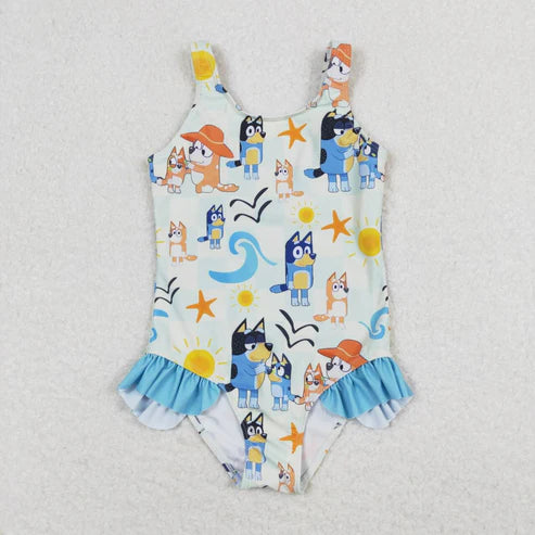 S0356 Cartoon sun blue lace one-piece swimsuit