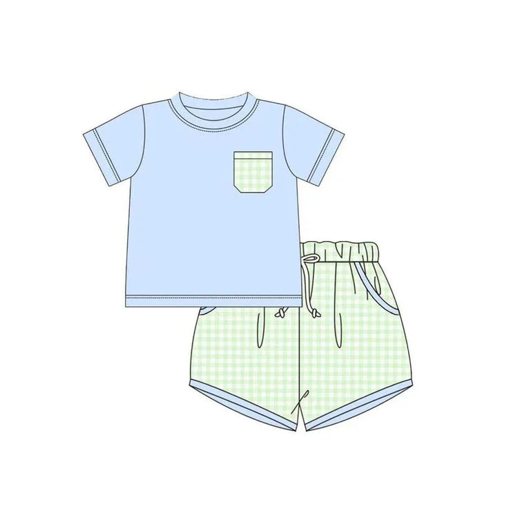 11.8 MOQ：5pcs BSSO1650 pre-order baby boy clothes gingham toddler boy summer outfit