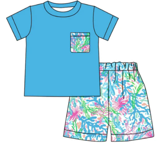 5.12 Boys Blue Pattern Teal Pocket short sleeve Shorts Set