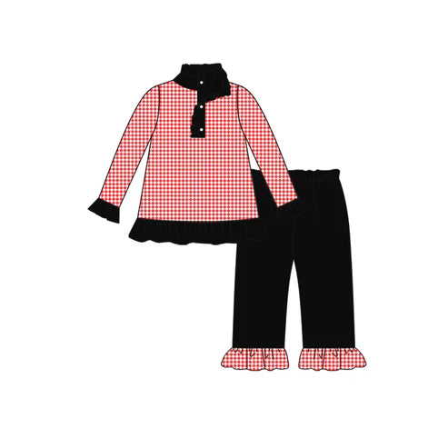 8.9 Custom Moq 5 Baby Girls Fall Football Team Red Checkered Pullover Top Black Pants Clothing Sets