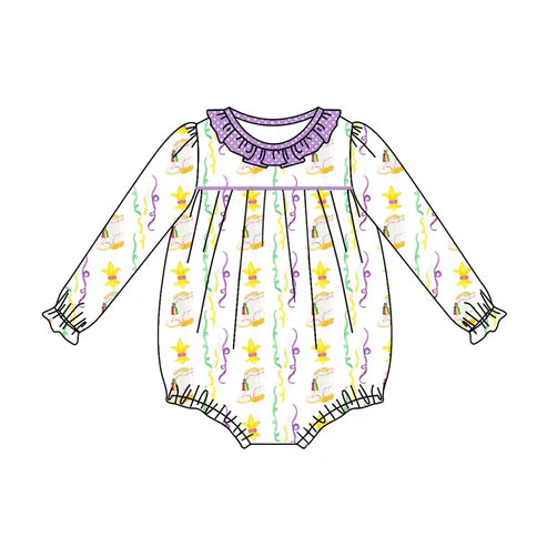 6.4 LR2042 Baby Infant Girls Mardi Gras Purple Long Sleeve Rompers preorder