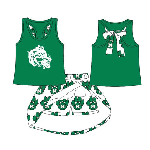 6.21  Custom Moq 3 Baby Girls Green Monahans Loboes Top Skorts Team Sets