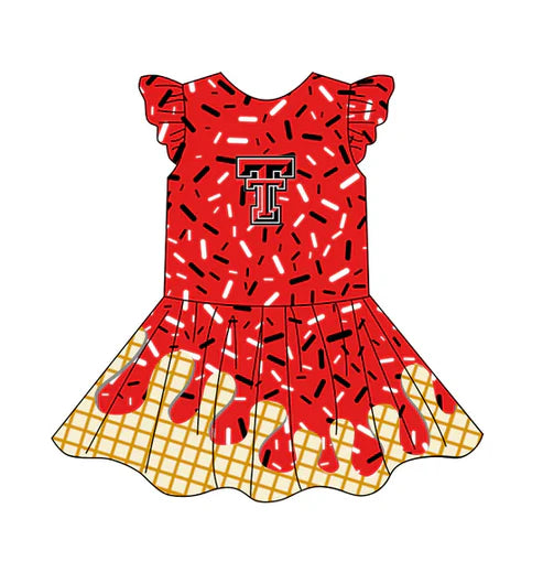 5.16 Preorder(Moq 3) Baby Girls Team Ice Cream Drips T Red Knee Length Dress