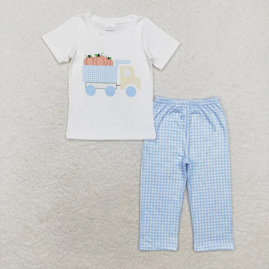 L-3.1 BSPO0398 Pumpkin Truck white short-sleeved blue plaid pantsuit