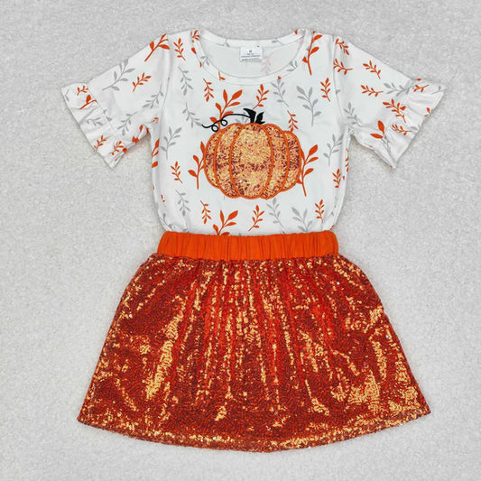 L-3.3 GSD1437 Baby Girls Pumpkin Shirt Sequin Skirts Clothes Set