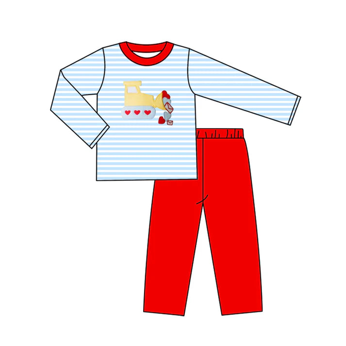 9.27 BLP1302 Baby Boys Hearts Excavator Blue Stripe Top Pants Valentine Clothes Sets Preorder