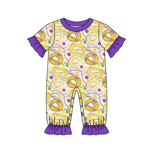 10.21 SR3276 Baby Girls Short Sleeve Mardigras Donuts Polka Dots Ruffle Footie Rompers Preorder