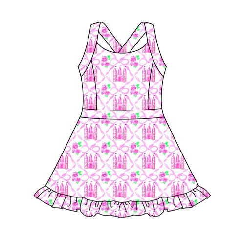 4.3 GSD2344 Baby Girls Strap Floral Castles Yoga Active Knee Length Dresses Preorder